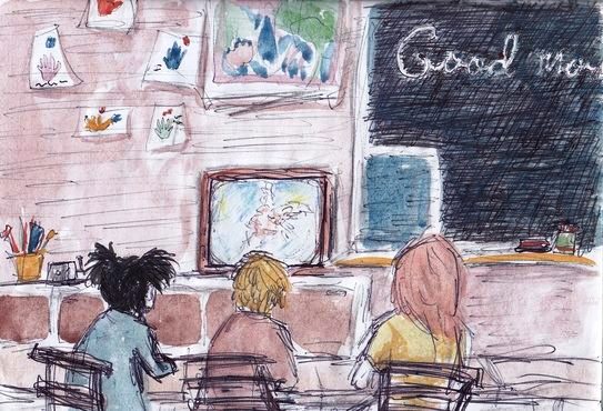 Challenger Disaster from a Classroom - watercolor