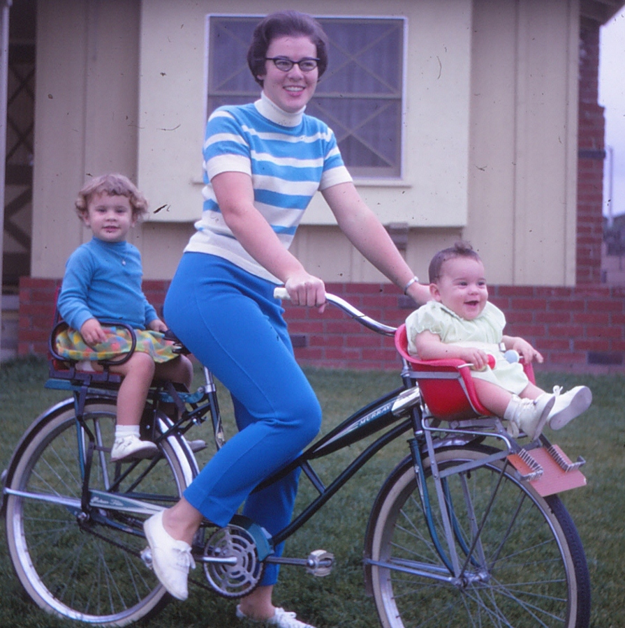Mother on a 1960s Murray Bicycle with Jennifer and Amy