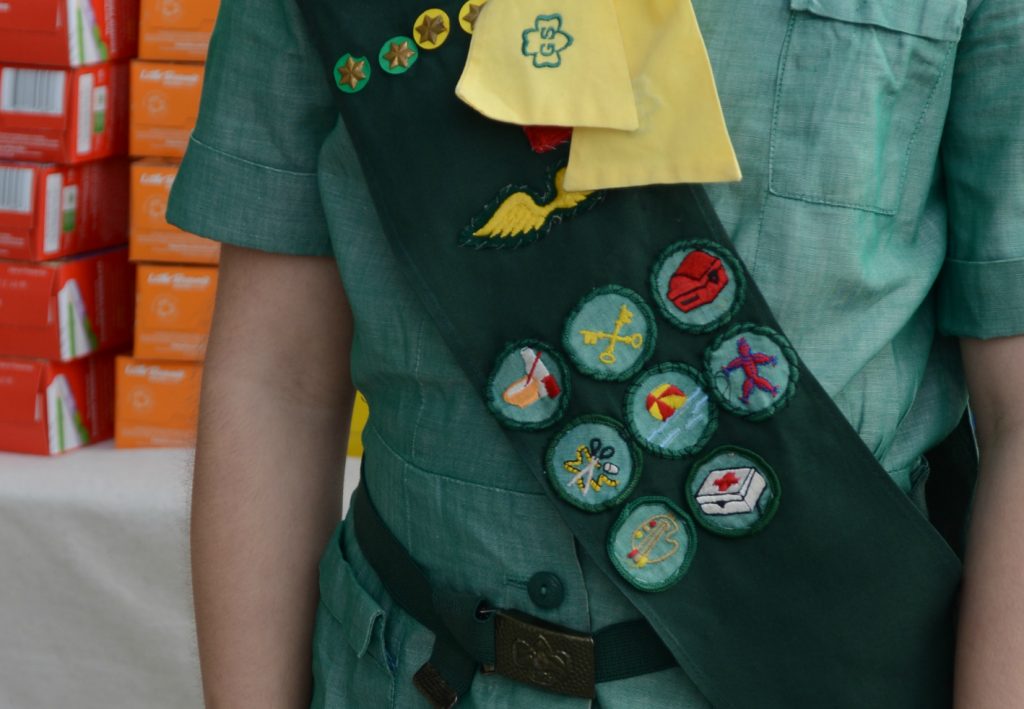 Vintage Girl Scout Uniform and Badges from the 1960s Sewing Cooking First Aid Paint Art Swimming Treasure Chest Keys