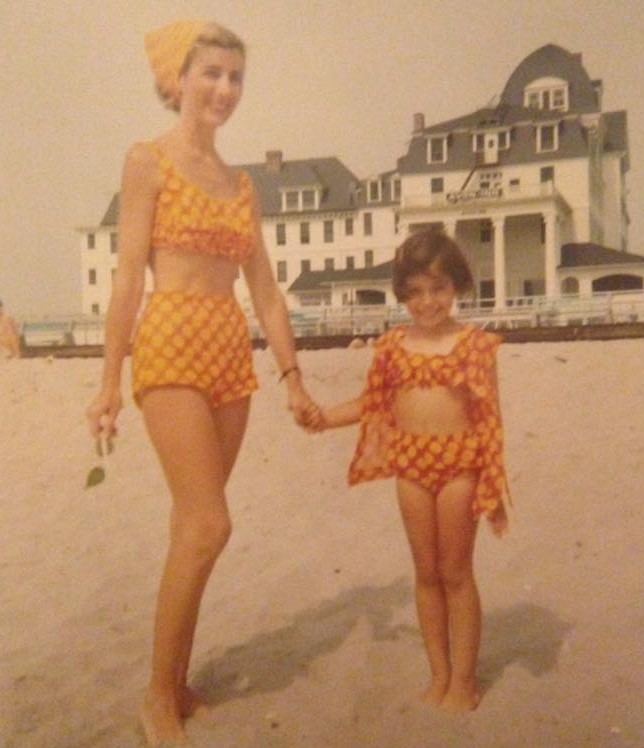 Mom and Daughter sporting matching two-piece bathing suits, Avon Inn, Mother's Day, 1967