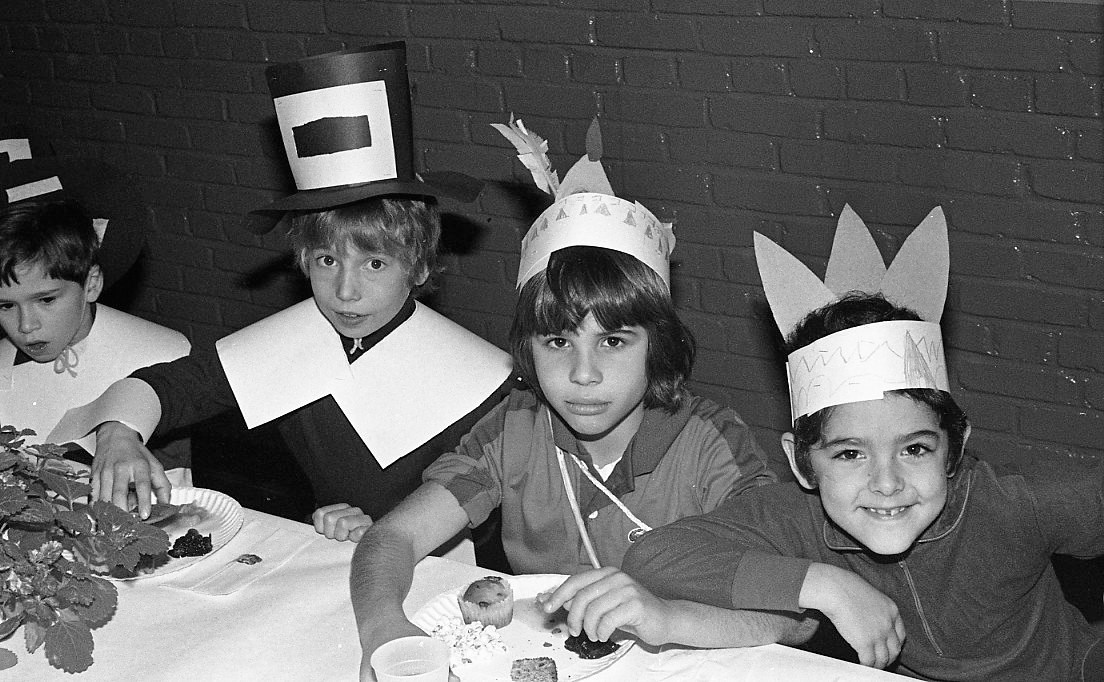 School Thanksgiving 1976, Sea of 3rd Grade Pilgrims and Indians