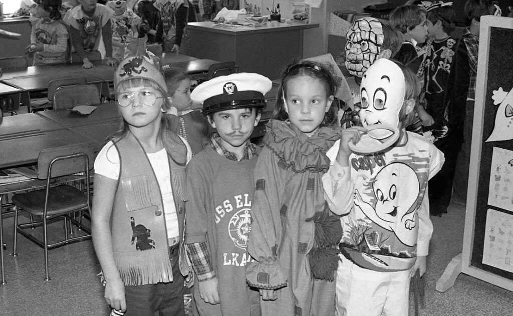 Halloween 1979 | It looks like the kid on the far left is dressed up like John Denver. We also have a sailor, a clown and Casper! 