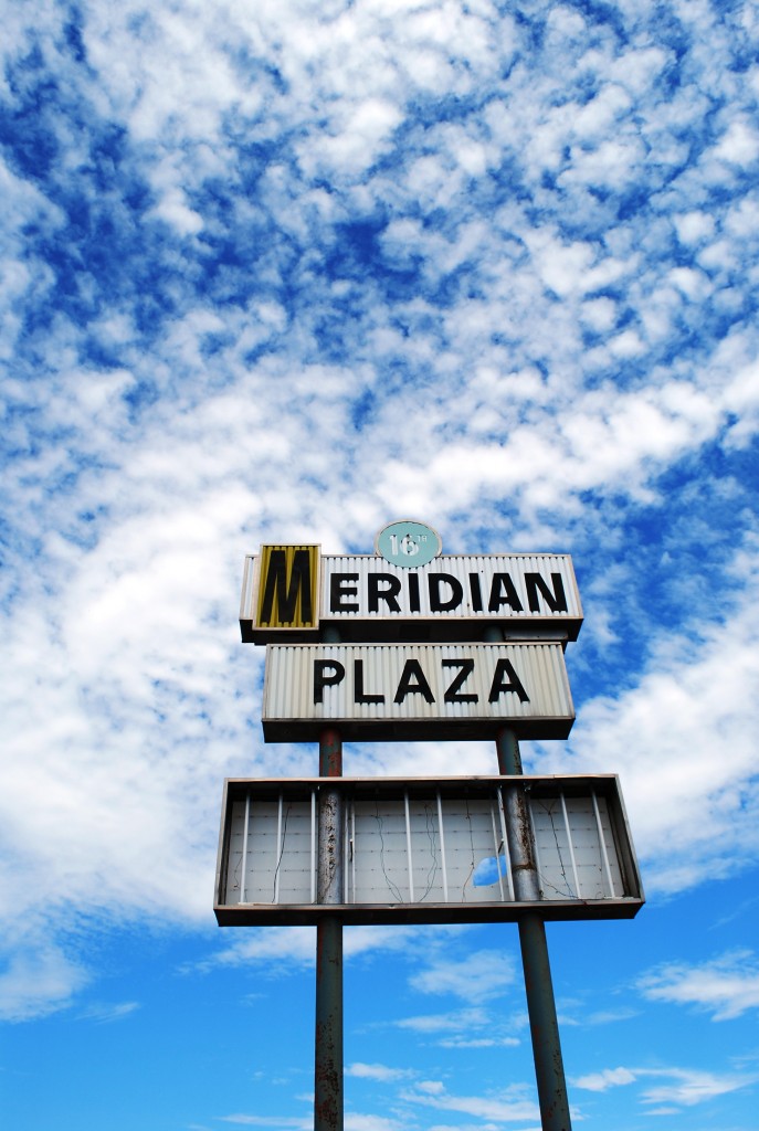 Old 1960s shopping plaza sign in OKC Meridian Plaza